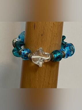 #12 Lampwork  & patterned blue glass bead bracelet